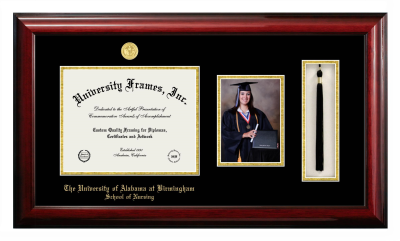 University of Alabama at Birmingham School of Nursing Diploma with 5 x 7 Portrait & Tassel Box Frame in Classic Mahogany with Black & Gold Mats for document: 8 1/2"h x 11"w  