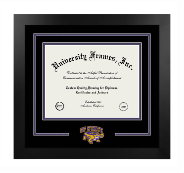 San Francisco State University Logo Mat Frame in Manhattan Black with Black & Purple Mats for document: 8 1/2"h x 11"w  