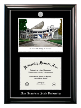 San Francisco State University Double Opening with Campus Image (Stacked) Frame in Classic Ebony with Silver Trim with Black & Silver Mats for document: 8 1/2"h x 11"w  