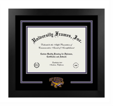 San Francisco State University Summa Cum Laude Logo Mat Frame in Manhattan Black with Black & Purple Mats for document: 8 1/2"h x 11"w  