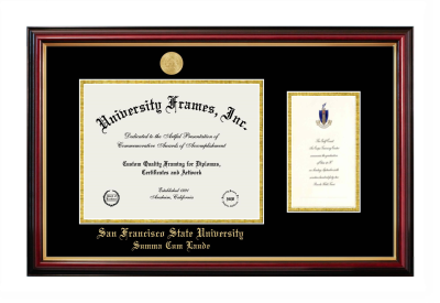 San Francisco State University Summa Cum Laude Diploma with Announcement Frame in Petite Mahogany with Gold Trim with Black & Gold Mats for document: 8 1/2"h x 11"w  , diploma: 7"h x 4"w  