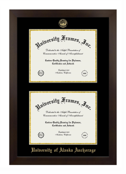 University of Alaska Anchorage Double Diploma Frame in Manhattan Espresso with Black & Gold Mats for document: 8 1/2"h x 11"w  , document: 8 1/2"h x 11"w  