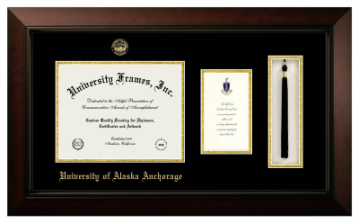University of Alaska Anchorage Diploma with Announcement & Tassel Box Frame in Legacy Black Cherry with Black & Gold Mats for document: 8 1/2"h x 11"w  , diploma: 7"h x 4"w  