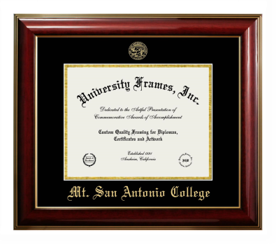 Mount San Antonio College Diploma Frame in Classic Mahogany with Gold Trim with Black & Gold Mats for document: 8 1/2"h x 11"w  