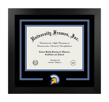 San Jose State University Logo Mat Frame in Manhattan Black with Black & Royal Blue Mats for document: 8 1/2"h x 11"w  