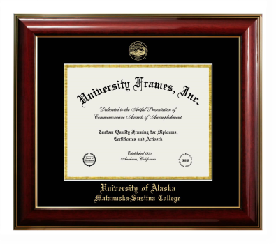 University of Alaska Matanuska-Susitna College Diploma Frame in Classic Mahogany with Gold Trim with Black & Gold Mats for document: 8 1/2"h x 11"w  