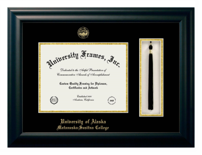 University of Alaska Matanuska-Susitna College Diploma with Tassel Box Frame in Satin Black with Black & Gold Mats for document: 8 1/2"h x 11"w  