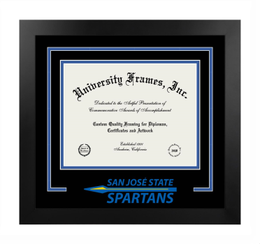 San Jose State University College of Applied Sciences and Arts Logo Mat Frame in Manhattan Black with Black & Royal Blue Mats for document: 8 1/2"h x 11"w  