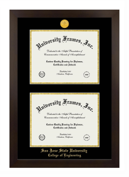 San Jose State University College of Engineering Double Diploma Frame in Manhattan Espresso with Black & Gold Mats for document: 8 1/2"h x 11"w  , document: 8 1/2"h x 11"w  
