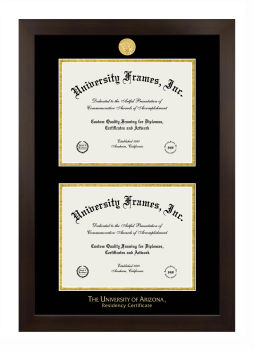 University of Arizona Residency Certificate Double Diploma Frame in Manhattan Espresso with Black & Gold Mats for document: 8 1/2"h x 11"w  , document: 8 1/2"h x 11"w  