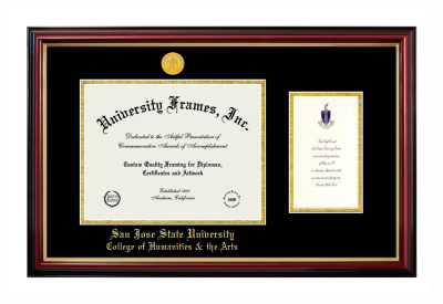San Jose State University College of Humanities & the Arts Diploma with Announcement Frame in Petite Mahogany with Gold Trim with Black & Gold Mats for document: 8 1/2"h x 11"w  , diploma: 7"h x 4"w  