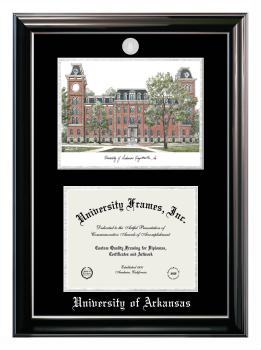 University of Arkansas (Fayetteville) Double Opening with Campus Image (Stacked) Frame in Classic Ebony with Silver Trim with Black & Silver Mats for document: 8 1/2"h x 11"w  