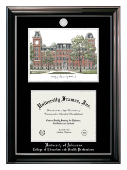 University of Arkansas (Fayetteville) College of Education and Health Professions Double Opening with Campus Image (Stacked) Frame in Classic Ebony with Silver Trim with Black & Silver Mats for document: 8 1/2"h x 11"w  