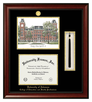 University of Arkansas (Fayetteville) College of Education and Health Professions Double Opening with Campus Image & Tassel Box (Stacked) Frame in Avalon Mahogany with Black & Gold Mats for document: 8 1/2"h x 11"w  