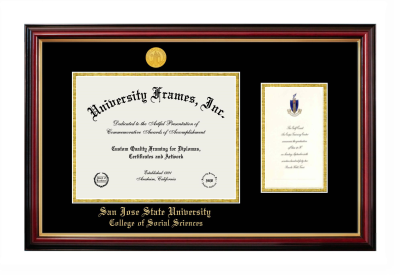 San Jose State University College of Social Sciences Diploma with Announcement Frame in Petite Mahogany with Gold Trim with Black & Gold Mats for document: 8 1/2"h x 11"w  , diploma: 7"h x 4"w  