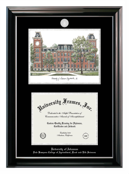 University of Arkansas (Fayetteville) Dale Bumpers College of Agricultural, Food and Life Sciences Double Opening with Campus Image (Stacked) Frame in Classic Ebony with Silver Trim with Black & Silver Mats for document: 8 1/2"h x 11"w  