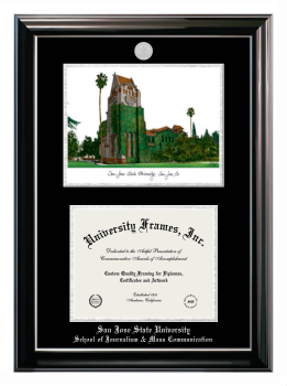 San Jose State University School of Journalism & Mass Communication Double Opening with Campus Image (Stacked) Frame in Classic Ebony with Silver Trim with Black & Silver Mats for document: 8 1/2"h x 11"w  
