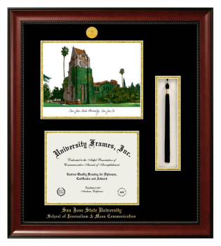 San Jose State University School of Journalism & Mass Communication Double Opening with Campus Image & Tassel Box (Stacked) Frame in Avalon Mahogany with Black & Gold Mats for document: 8 1/2"h x 11"w  