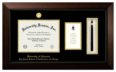 University of Arkansas (Fayetteville) Fay Jones School of Architecture and Design Diploma with Announcement & Tassel Box Frame in Legacy Black Cherry with Black & Gold Mats for document: 8 1/2"h x 11"w  , diploma: 7"h x 4"w  