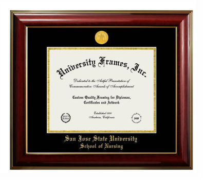 San Jose State University School of Nursing Diploma Frame in Classic Mahogany with Gold Trim with Black & Gold Mats for document: 8 1/2"h x 11"w  