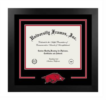 University of Arkansas (Fayetteville) Honors College Logo Mat Frame in Manhattan Black with Black & Red Mats for document: 8 1/2"h x 11"w  