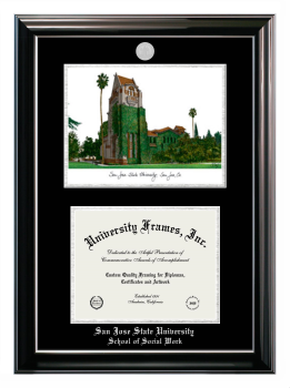 San Jose State University School of Social Work Double Opening with Campus Image (Stacked) Frame in Classic Ebony with Silver Trim with Black & Silver Mats for document: 8 1/2"h x 11"w  