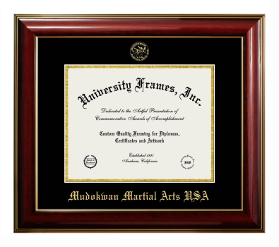 Mudokwan Martial Arts USA Diploma Frame in Classic Mahogany with Gold Trim with Black & Gold Mats for document: 8 1/2"h x 11"w  