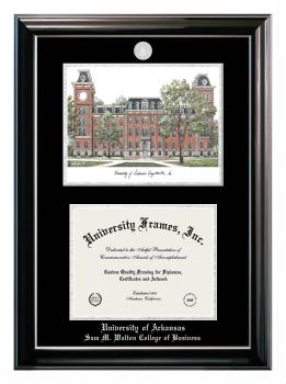 University of Arkansas (Fayetteville) Sam M. Walton College of Business Double Opening with Campus Image (Stacked) Frame in Classic Ebony with Silver Trim with Black & Silver Mats for document: 8 1/2"h x 11"w  