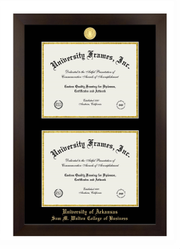 University of Arkansas (Fayetteville) Sam M. Walton College of Business Double Diploma Frame in Manhattan Espresso with Black & Gold Mats for document: 8 1/2"h x 11"w  , document: 8 1/2"h x 11"w  