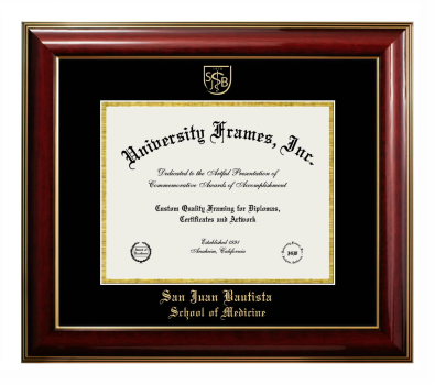 San Juan Bautista School of Medicine Diploma Frame in Classic Mahogany with Gold Trim with Black & Gold Mats for document: 8 1/2"h x 11"w  