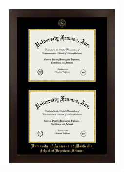 University of Arkansas at Monticello School of Behavioral Sciences Double Diploma Frame in Manhattan Espresso with Black & Gold Mats for document: 8 1/2"h x 11"w  , document: 8 1/2"h x 11"w  