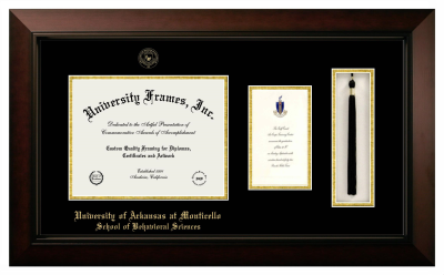 University of Arkansas at Monticello School of Behavioral Sciences Diploma with Announcement & Tassel Box Frame in Legacy Black Cherry with Black & Gold Mats for document: 8 1/2"h x 11"w  , diploma: 7"h x 4"w  