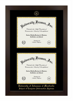 University of Arkansas at Monticello School of Computer Information Systems Double Diploma Frame in Manhattan Espresso with Black & Gold Mats for document: 8 1/2"h x 11"w  , document: 8 1/2"h x 11"w  