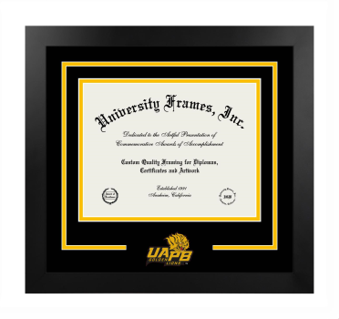 University of Arkansas at Pine Bluff Logo Mat Frame in Manhattan Black with Black & Amber Mats for document: 8 1/2"h x 11"w  