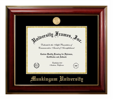 Muskingum University Diploma Frame in Classic Mahogany with Gold Trim with Black & Gold Mats for document: 8 1/2"h x 11"w  