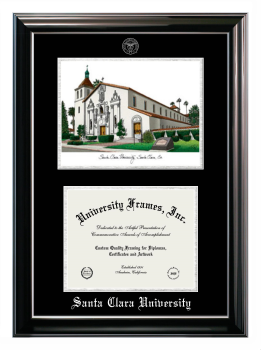 Santa Clara University Double Opening with Campus Image (Stacked) Frame in Classic Ebony with Silver Trim with Black & Silver Mats for document: 8 1/2"h x 11"w  