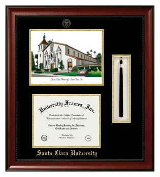 Santa Clara University Double Opening with Campus Image & Tassel Box (Stacked) Frame in Avalon Mahogany with Black & Gold Mats for document: 8 1/2"h x 11"w  