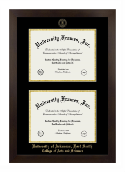 University of Arkansas Fort Smith College of Arts and Sciences Double Diploma Frame in Manhattan Espresso with Black & Gold Mats for document: 8 1/2"h x 11"w  , document: 8 1/2"h x 11"w  