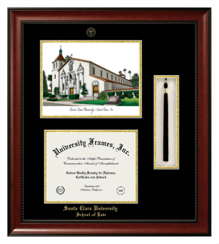 Santa Clara University School of Law Double Opening with Campus Image & Tassel Box (Stacked) Frame in Avalon Mahogany with Black & Gold Mats for document: 8 1/2"h x 11"w  