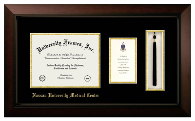 Nassau University Medical Center Diploma with Announcement & Tassel Box Frame in Legacy Black Cherry with Black & Gold Mats for document: 8 1/2"h x 11"w  , diploma: 7"h x 4"w  