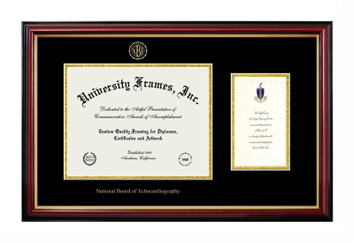 National Board of Echocardiography Diploma with Announcement Frame in Petite Mahogany with Gold Trim with Black & Gold Mats for document: 8 1/2"h x 11"w  , diploma: 7"h x 4"w  