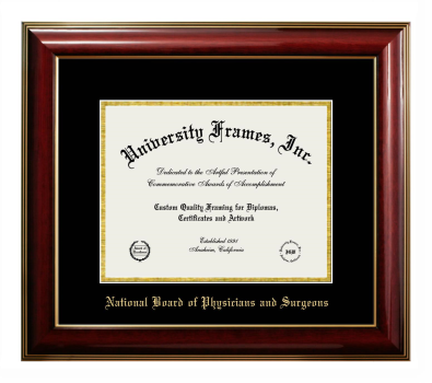 National Board of Physicians and Surgeons Diploma Frame in Classic Mahogany with Gold Trim with Black & Gold Mats for document: 8 1/2"h x 11"w  