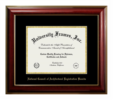 National Council of Architectural Registration Boards Diploma Frame in Classic Mahogany with Gold Trim with Black & Gold Mats for document: 8 1/2"h x 11"w  