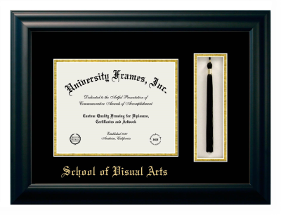 School of Visual Arts Diploma with Tassel Box Frame in Satin Black with Black & Gold Mats for document: 8 1/2"h x 11"w  
