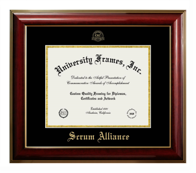 Scrum Alliance Diploma Frame in Classic Mahogany with Gold Trim with Black & Gold Mats for document: 8 1/2"h x 11"w  