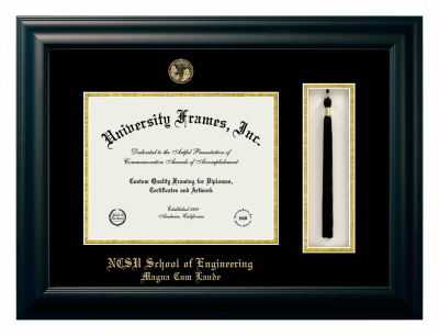 NCSU School of Engineering (Magna Cum Laude) Diploma with Tassel Box Frame in Satin Black with Black & Gold Mats for document: 8 1/2"h x 11"w  