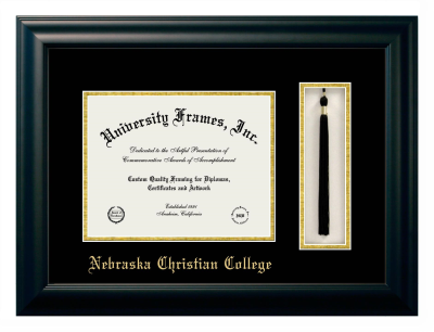 Nebraska Christian College Diploma with Tassel Box Frame in Satin Black with Black & Gold Mats for document: 8 1/2"h x 11"w  