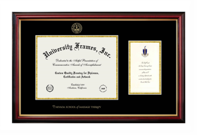 Nevada School of Massage Therapy Diploma with Announcement Frame in Petite Mahogany with Gold Trim with Black & Gold Mats for document: 8 1/2"h x 11"w  , diploma: 7"h x 4"w  