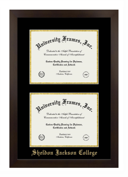Sheldon Jackson College Double Diploma Frame in Manhattan Espresso with Black & Gold Mats for document: 8 1/2"h x 11"w  , document: 8 1/2"h x 11"w  