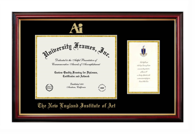New England Institute of Art Diploma with Announcement Frame in Petite Mahogany with Gold Trim with Black & Gold Mats for document: 8 1/2"h x 11"w  , diploma: 7"h x 4"w  